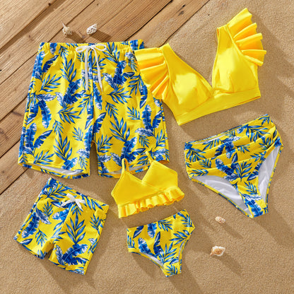 Family Matching! Yellow Leaf Flutter Sleeve Bikini Swimsuits & Trunks (optional cover-up)