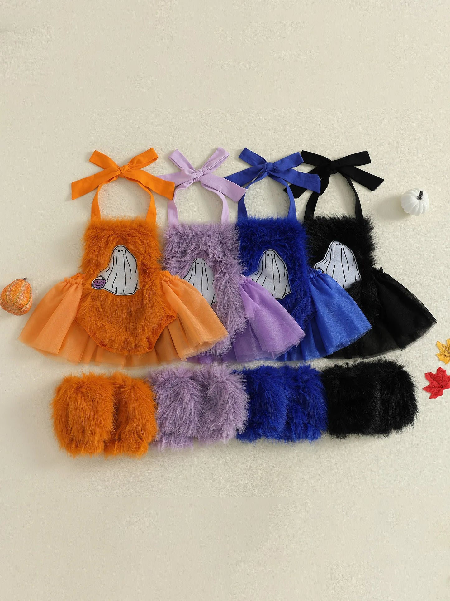 2-Piece Baby Girl's Furry Ghost Embroidered Halloween Halter Dresses with Leg Warmers