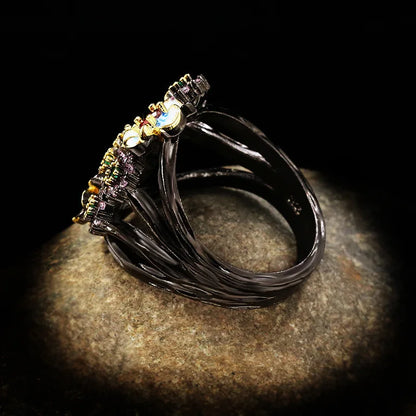 Gorgeous Black & Gold Style Rings Flower Rings Zircon Enamel Flower Ring