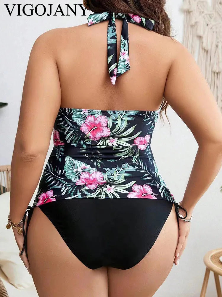 Sexy Print Tied Halter 2 Piece Plus TankiniHigh Waist Push UP Swimsuit Backless Beach Bathing Suit