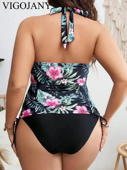 Plus Tied Halter 2 Piece Tankini Swimsuit