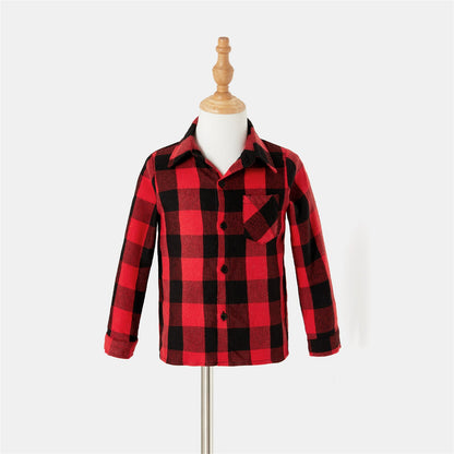 Family Matching! Red Plaid Long-Sleeve Button-Up Tops & Dresses with Mesh Skirts