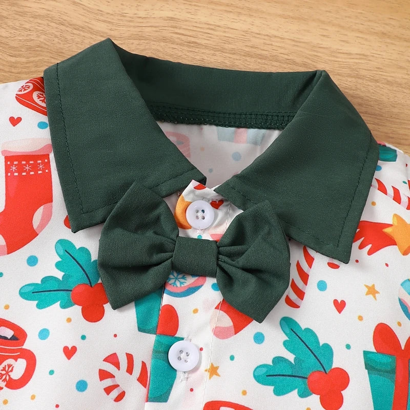 2-Piece Christmas Outfits! Boy’s Short Sleeve Onesies, Shorts, Bib Overalls & Bow-Tie Sets