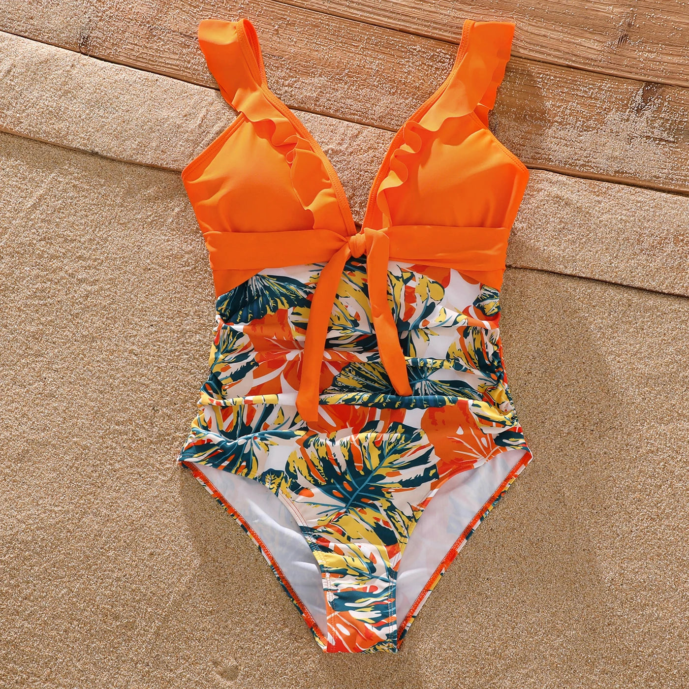 Family Matching! Orange Tropical Ruffled One Piece Swimwear & Trunks