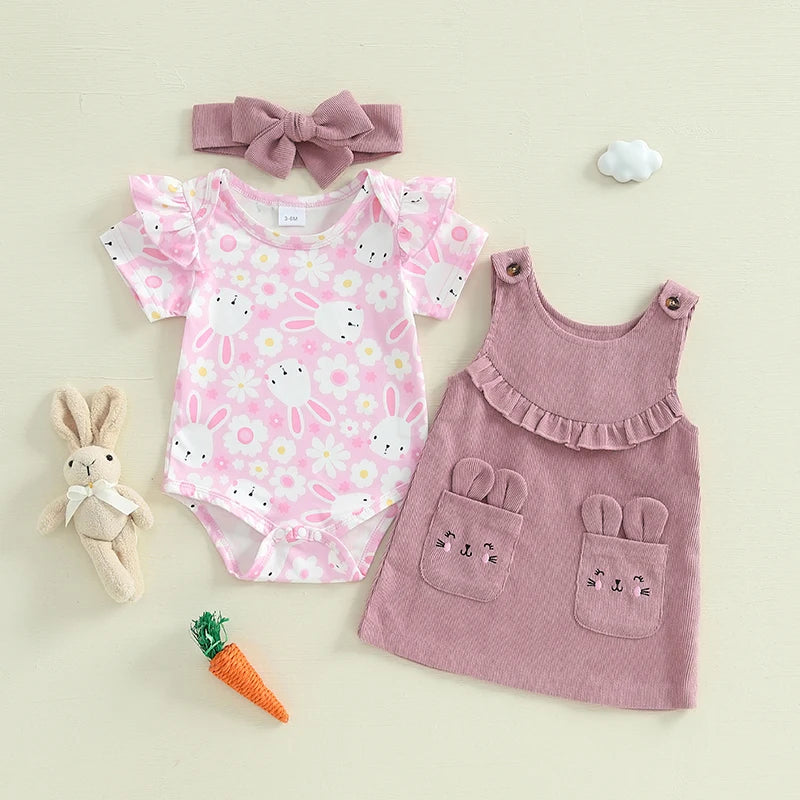 Girl's 3-Piece Easter Bunny Onesie, Headband & Suspender Dresses