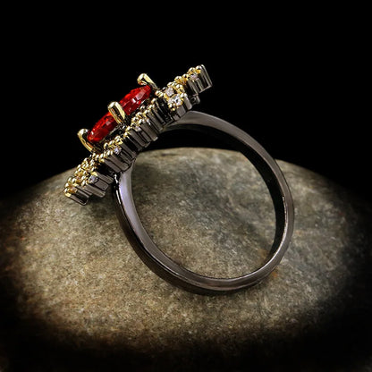 Red Zircon Black & Gold Style Sunflower Cocktail Rings