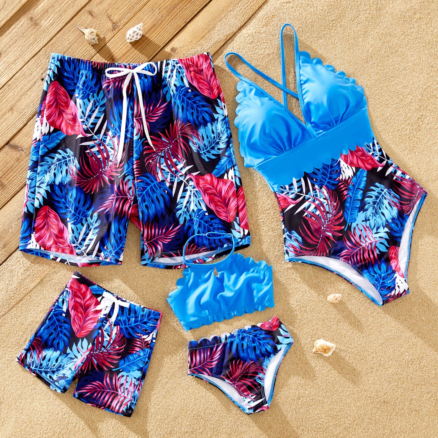 Family Matching! Blue Floral Drawstring Swim Trunks or Shell Trim Spliced One Piece Swimsuit