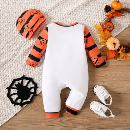 Halloween Baby Naia Letter Pumpkin Pattern Long Sleeve Jumpsuit Set