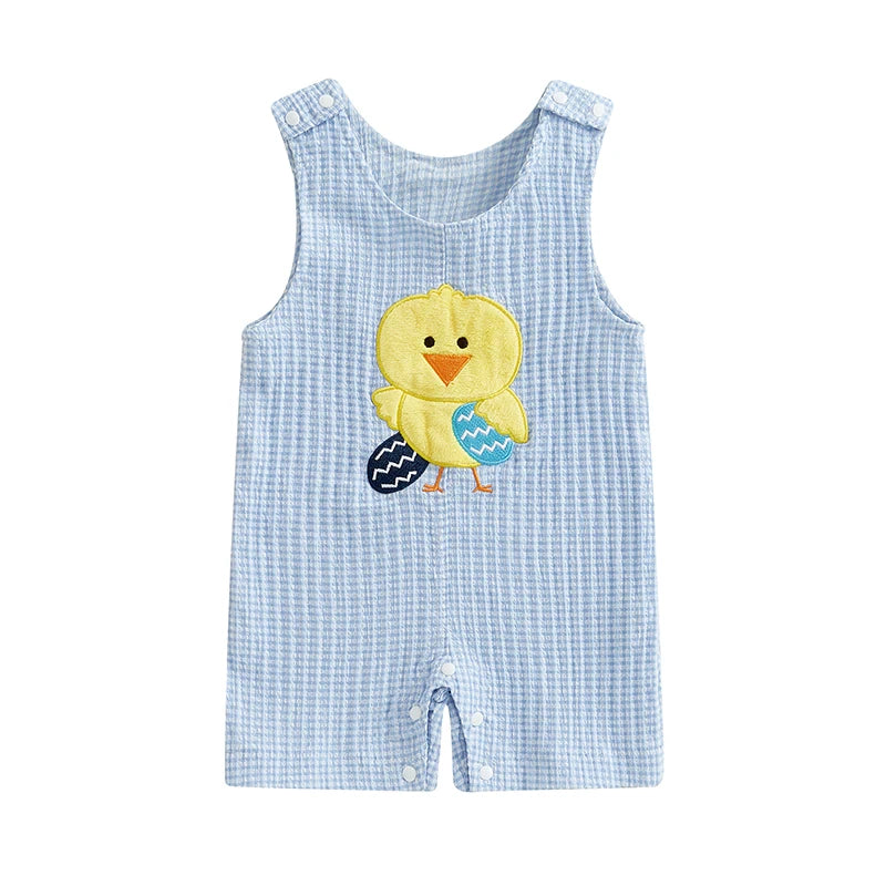 Boy's Easter Chick Egg Embroidered Plaid Sleeveless Overall Jumpsuits