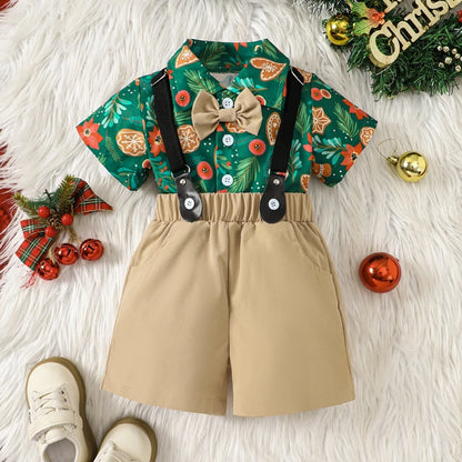 2-Piece Christmas Outfits! Boy’s Short Sleeve Onesie, Shorts, Bow-Tie & Hat Sets