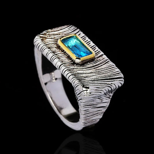 Vintage Silver Rings Blue Zircon Men's Rings Black & Gold Style Rings