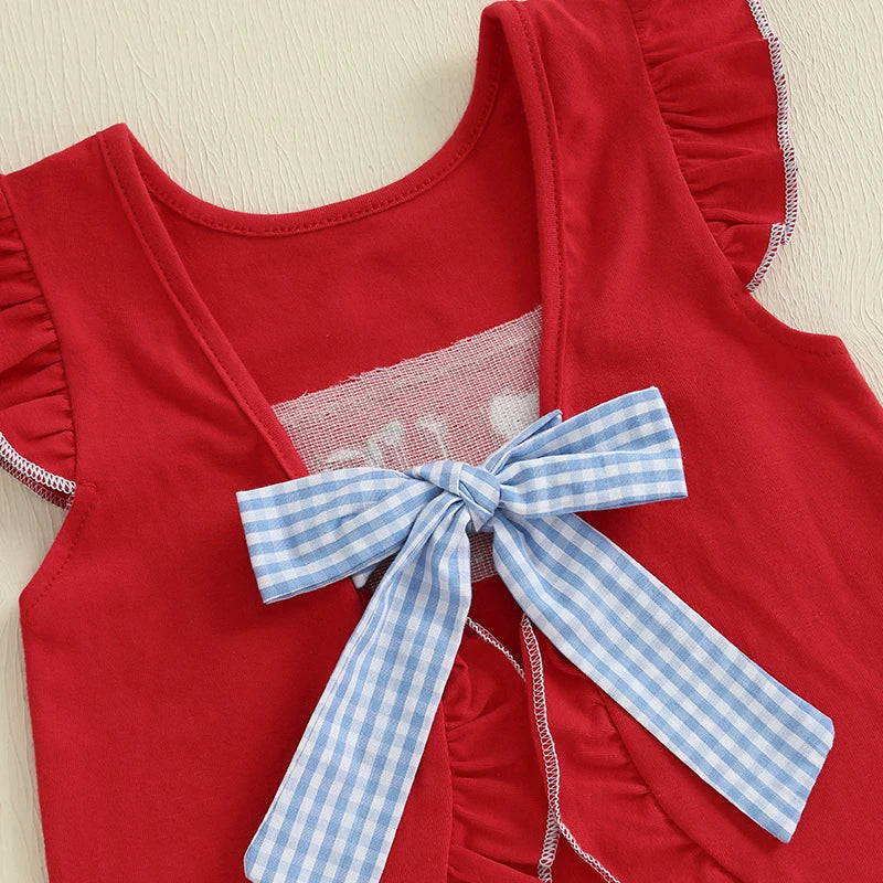 Girl's 2-Piece Embroidered 4th of July Fly Sleeve Tops & Plaid Ruffled Shorts Sets