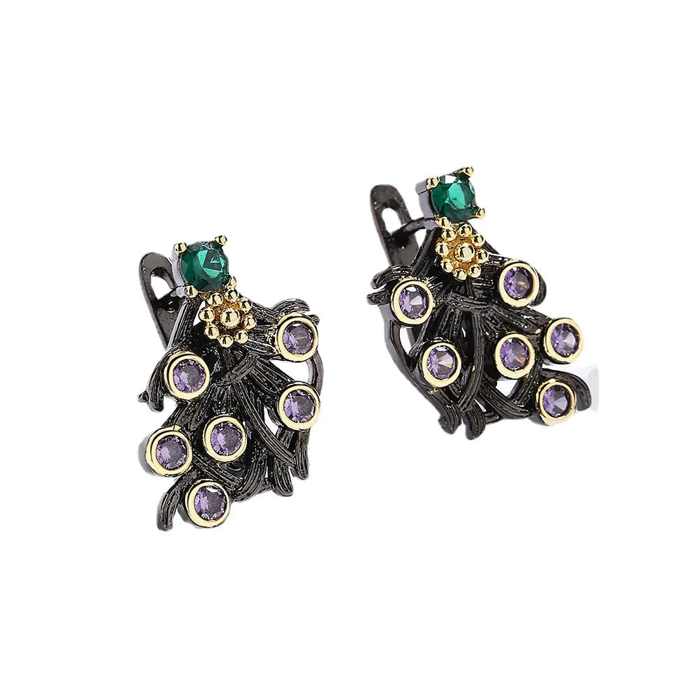 Purple Zircon Flower Earrings Classic Black & Gold Style Earrings