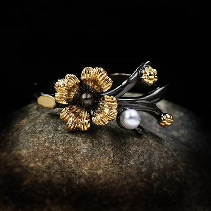 Silver Plated Delicate Daisy Flower Rings Black & Gold Style Pearl Branch Rings Flower