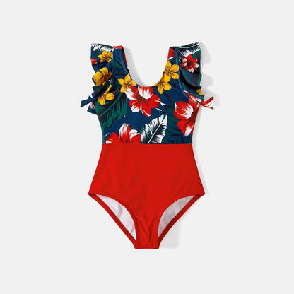Family Matching! Swimsuit Floral & Solid Spliced Ruffle Trim One Piece Swimsuits & Trunks
