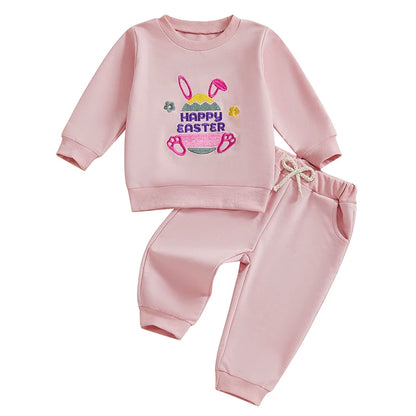 Girl's Embroidered Easter Bunny Ear, Carrot Sweatshirts & Pants Sets