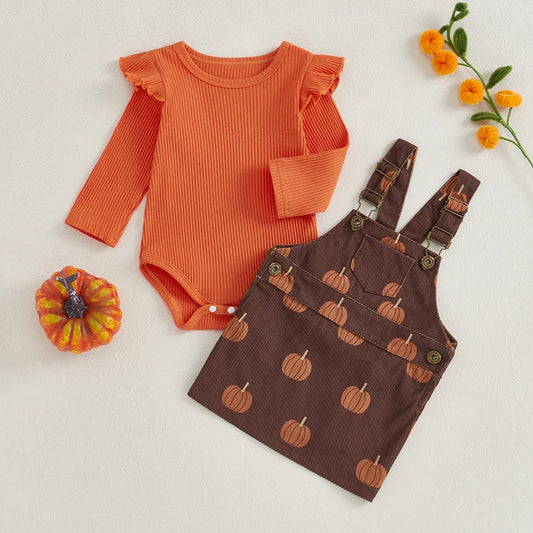 Girl's Halloween 2-Piece Ruffled Ribbed Onesie & Pumpkin Bib Overall Skirts Sets