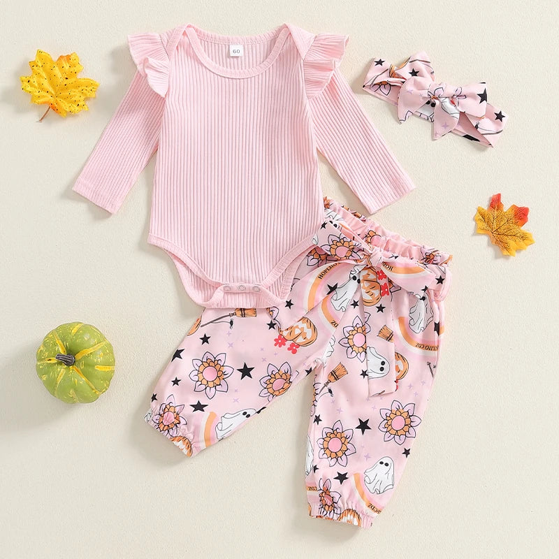 3-Piece Halloween Outfits! Girl’s Long Sleeve Ghost Flower Rompers, Pants& Bow Headband Sets