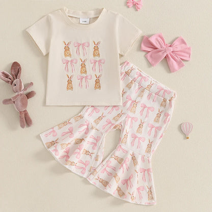 Girl's Easter Bunny T-Shirt, Flare Pants & Bow Headband Sets3-Piece Set