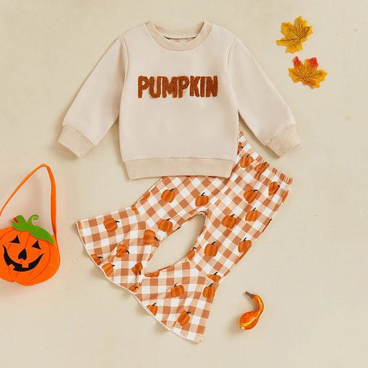 Girl's Halloween 2-Piece Embroidered "Pumpkin" Sweatshirt & Flared Plaid Pants Sets