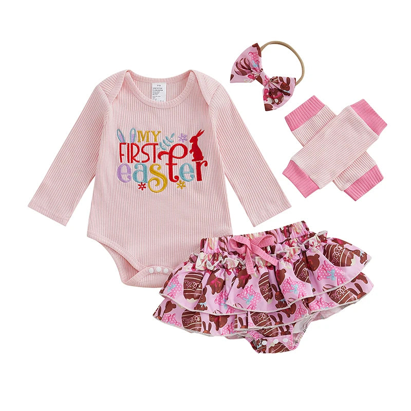 Girl's 4-Piece "My 1st / First Easter" Bunny Onesie, Ruffle Bloomers, Bow Headband & Leg Warmer Outfit Sets