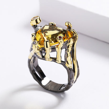 Triangle Citrine Zircon Black & Gold Style Ring