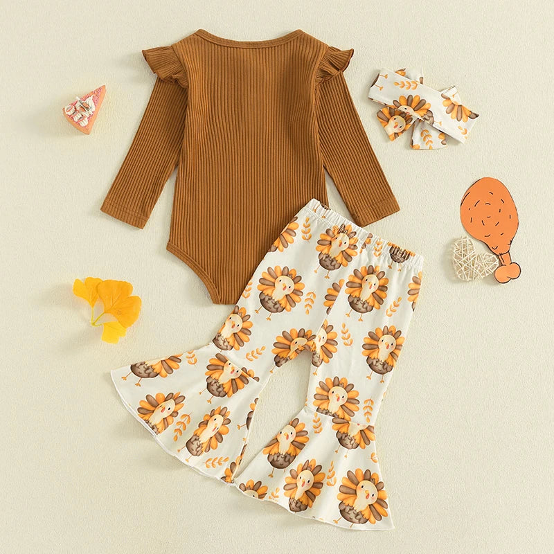 3-Piece Thanksgiving Outfits! Girl’s Long Sleeve Onesies, Pants, and Headband Sets