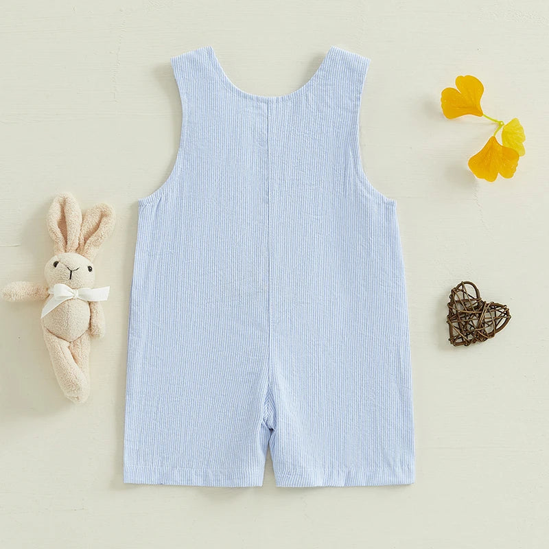 Girl's & Boy's Striped Embroidered Easter Bunny, Truck, Carrot Overall Jumpsuits