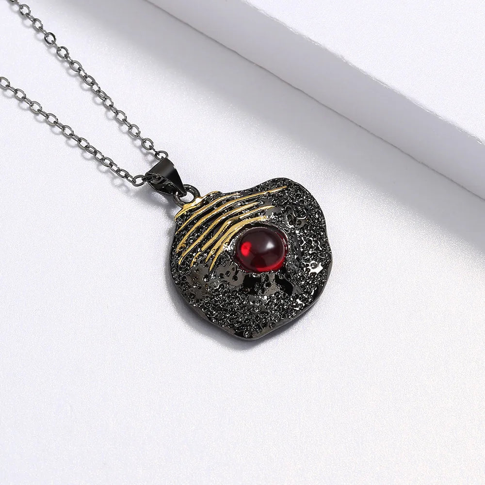 Necklace Black & Gold Style Pendant Red Gem Chain