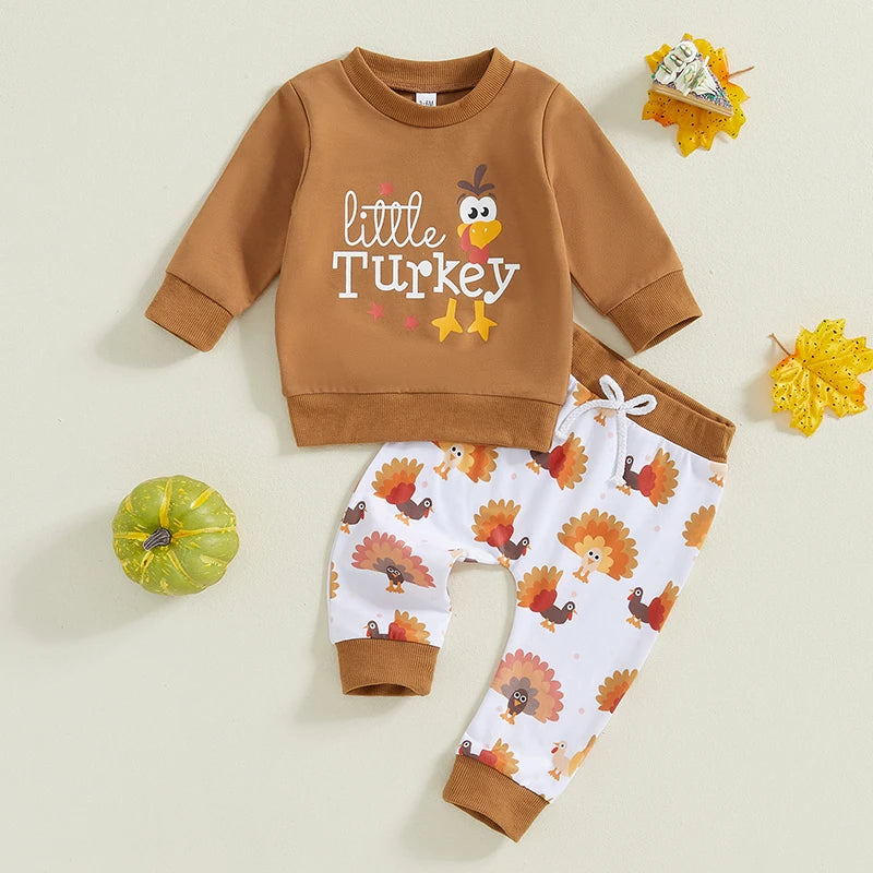 2-Piece Thanksgiving Outfits! Boy's & Girl’s "Little Turkey" Sweatshirt & Pants Sets