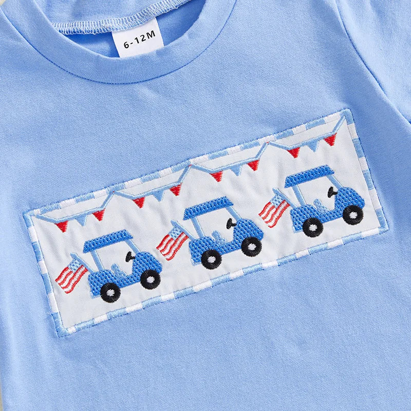 Boy's 2-Piece Embroidered Golf Cart 4th of July T-Shirts & Plaid Shorts Sets