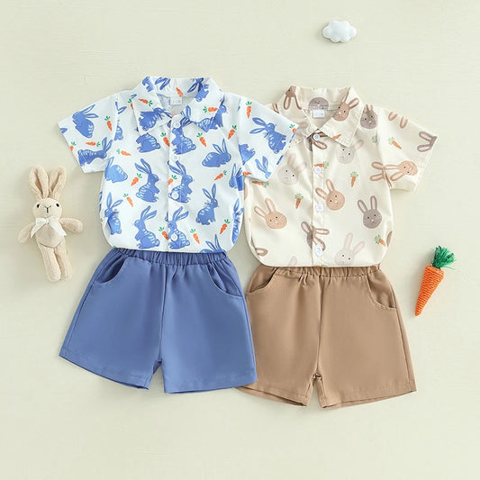 Boy's Button-Up Easter Bunny Carrot Shirt & Shorts