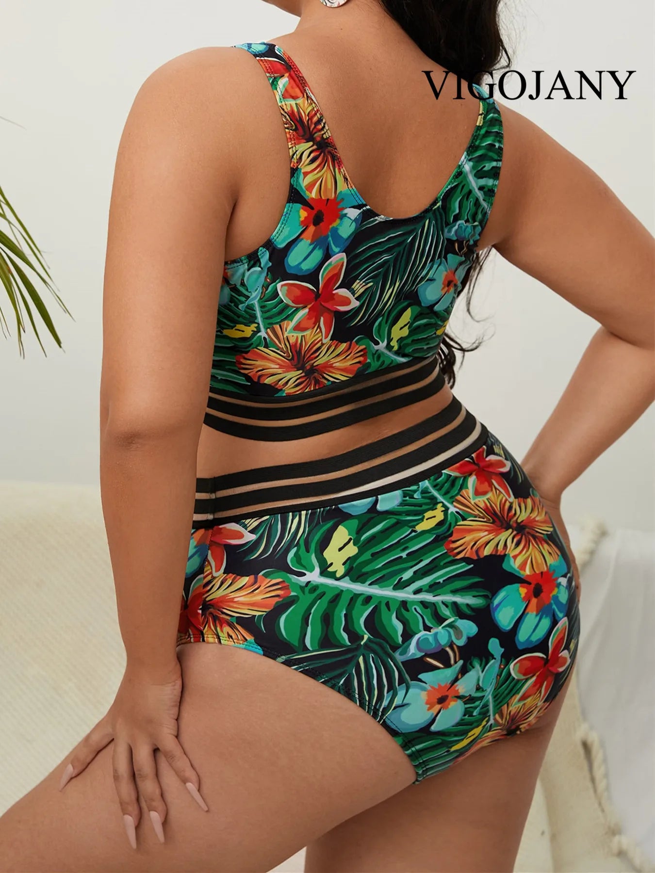 Floral Print SwimwearPlus V Neck Separate Swimsuit 2 Piece High Waist Bikini Set Bathing Suit