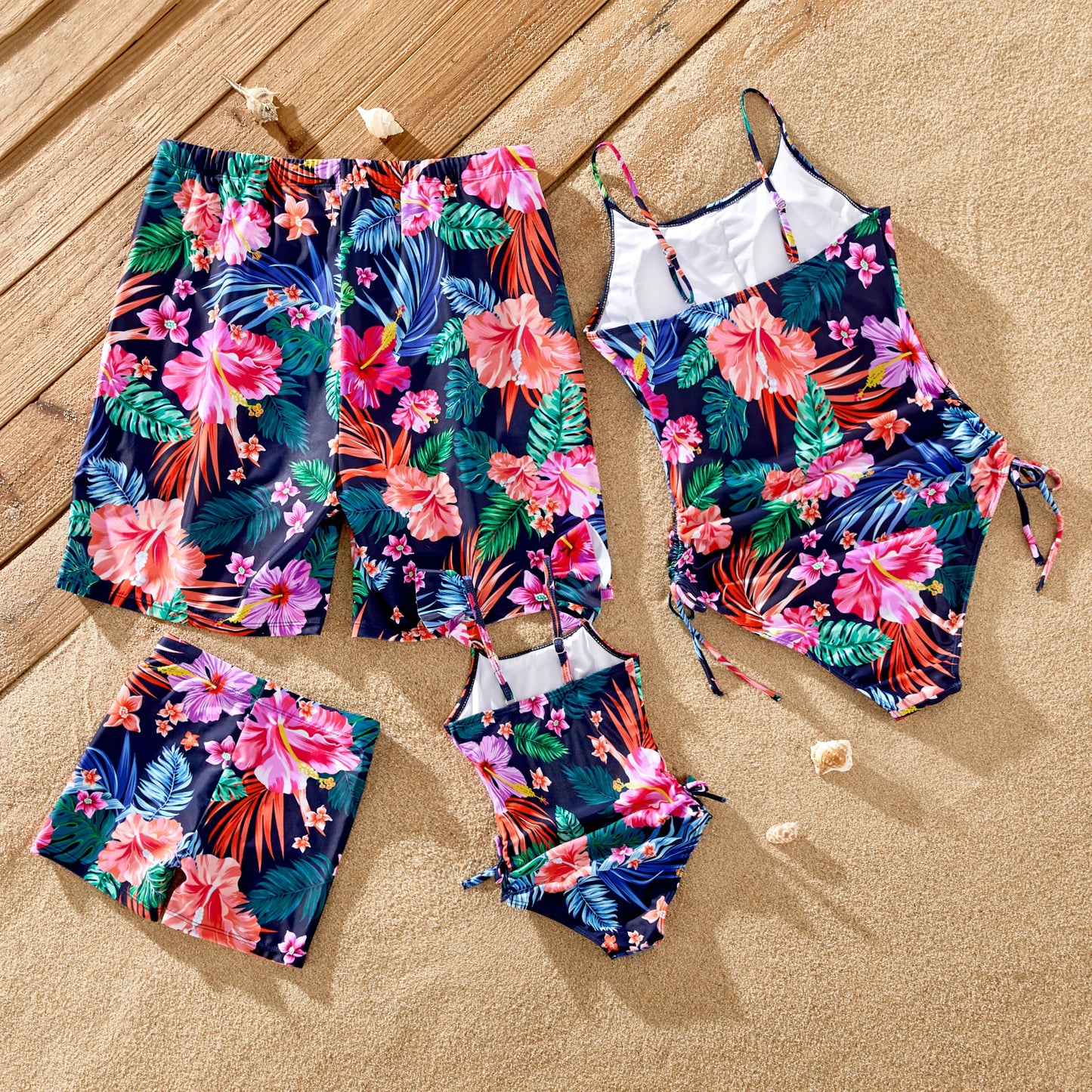 Family Matching! Tropical Floral Drawstring Swim Trunks or Ruched Drawstring Side One-Piece Strap Swimsuit