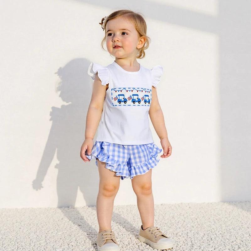 Girl's 2-Piece Embroidered 4th of July Fly Sleeve Golf Cart Top & Ruffled Plaid Shorts Sets