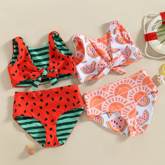 Kid Girl Bikini Swimsuit Sleeveless V Neck Watermelon Print Beach Swimwear Vest + Briefs Clothes