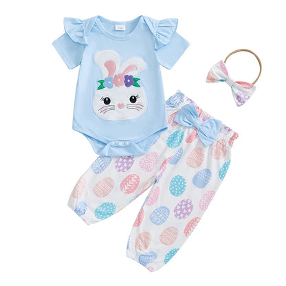 Girl's 3-Piece Embroidered Easter Bunny Onesie, Egg Pants & Bow Headband Sets