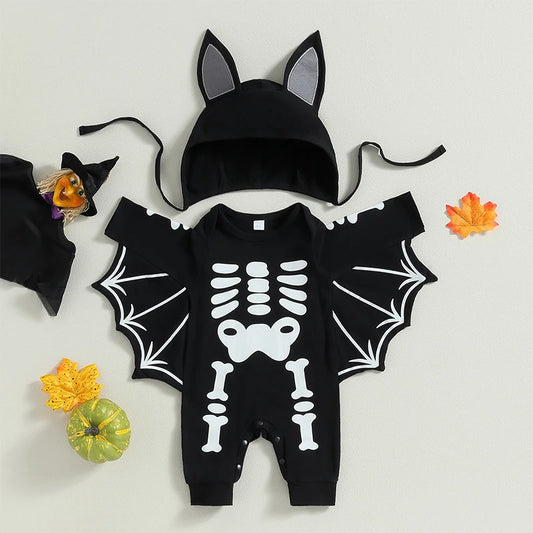 Halloween Costumes! 2-Piece Boy's & Girl's Long Sleeve Skeleton Bat Romper & Hat Set