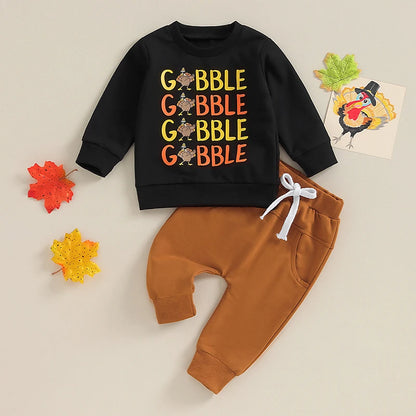 2-Piece Thanksgiving Outfits! Boy’s Long Sleeve Turkey Sweatshirt & Pants Sets