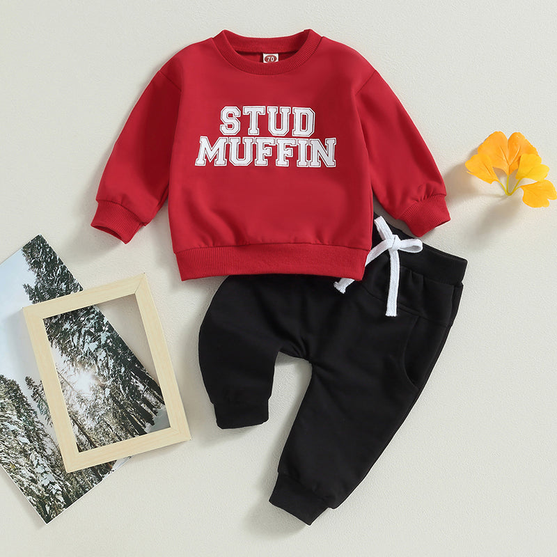 2-Piece Fall / Winter Outfits! Boy's "Stud Muffin" Letter Print Sweatshirt & Pants Sets