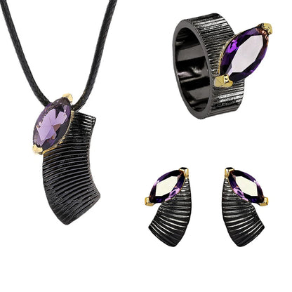 3-piece Purple Zircon Black & Gold Style Rings, Necklace & Earrings Sets