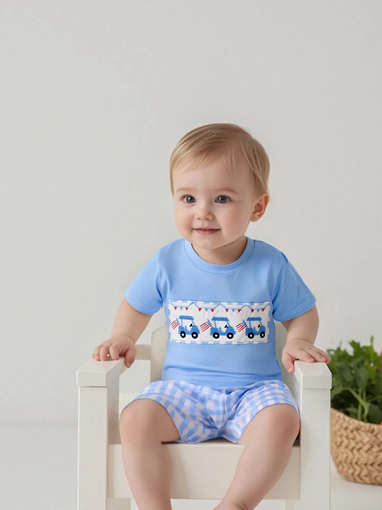Boy's 2-Piece Embroidered Golf Cart 4th of July T-Shirts & Plaid Shorts Sets