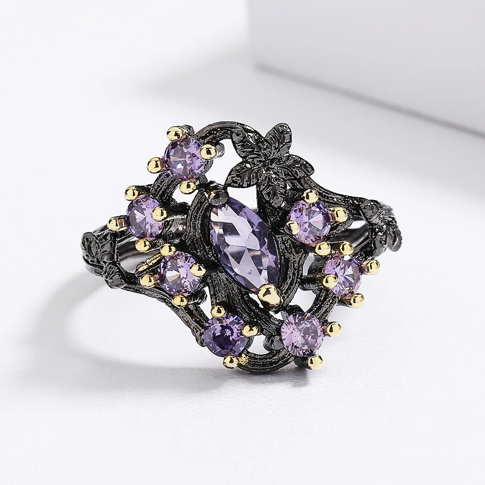 Purple Zircon Black & Gold Style Flower Rings