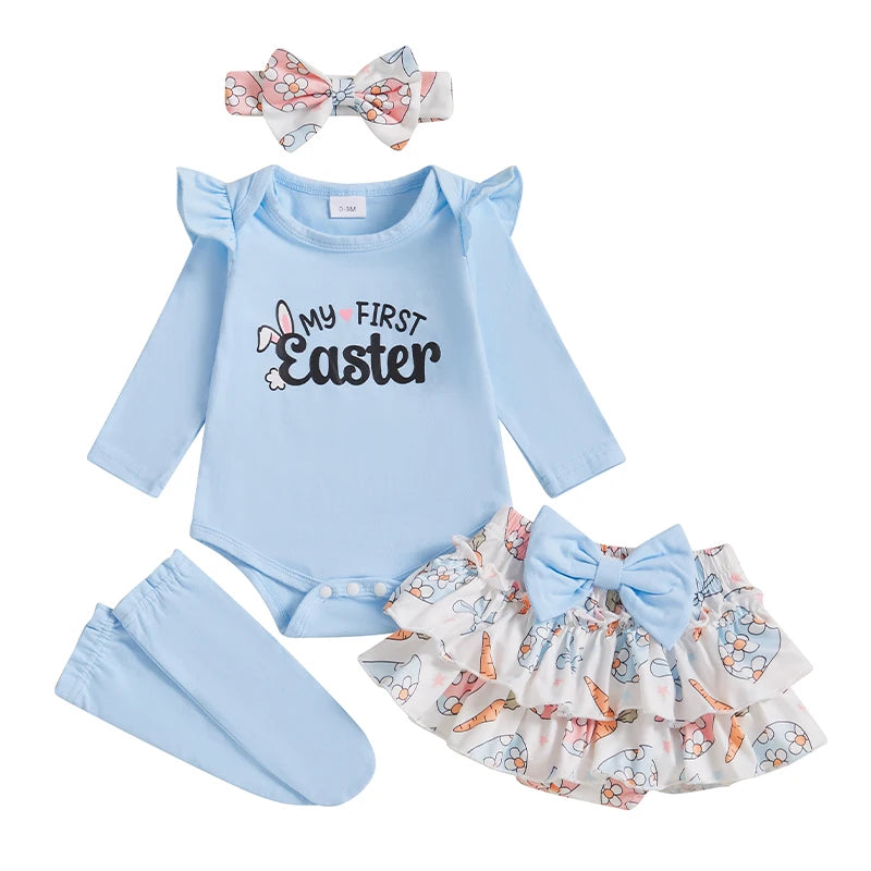 Girl's 4-Piece First Easter, Bunny Onesies, Bow Headband, Skirt & Socks Sets