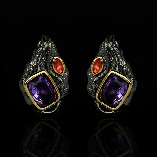 Amethyst, Purple Zircon Black & Gold Style Stud Earrings