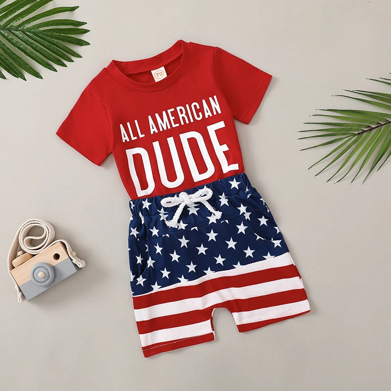 Boy's 2-Piece "All American Dude" 4th of July T-Shirts & Flag Shorts Sets