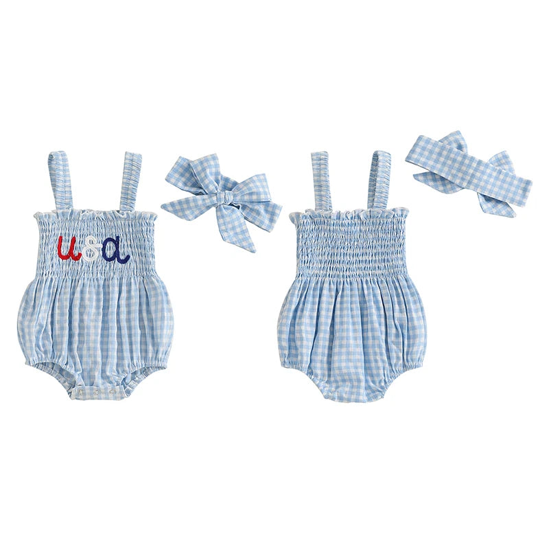 Girl's 2-Piece Embroidered July 4th Rompers & Bow Head Band Sets