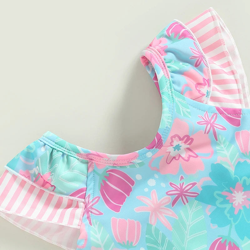 Baby Girl Swimsuits Ruffle Floral Print Flying Sleeves Jumpsuit Swimwear Beachwear Bathing Suits