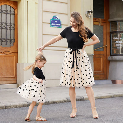 Mommy & Me! Matching Black Top Spliced Heart  Mesh Dresses