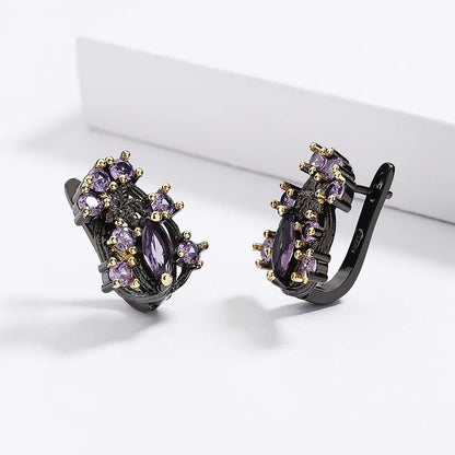 Purple Zircon Flower Earrings Classic Black & Gold Style Earrings with